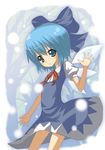  blue_eyes blue_hair cirno cowboy_shot ice ice_wings looking_at_viewer looking_back motofumi puffy_short_sleeves puffy_sleeves short_hair short_sleeves solo standing touhou wings 