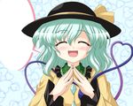  blank_speech_bubble blush bococho bow closed_eyes green_hair hat heart heart_of_string komeiji_koishi solo speech_bubble touhou yellow_bow 