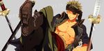 1boy abs birthday boots earrings eyepatch green_hair grin haramaki headband jewelry looking_at_viewer male male_focus muscle one-eyed one_piece open_clothes open_robe pocky_day robe roronoa_zoro sash scar smile solo sword weapon 