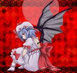 backless_outfit bat_wings boots border checkered checkered_background dress frown hat hat_ribbon highres knees_up lace lavender_hair leg_hug mob_cap pointy_ears puffy_sleeves red_background red_eyes remilia_scarlet ribbon short_hair short_sleeves sitting solo touhou u-zone wings 