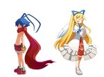  1girl angel_wings antenna_hair back-to-back bad_id bad_pixiv_id blonde_hair blue_hair bosutafu bracelet capelet closed_eyes disgaea dress flonne hair_ribbon jewelry laharl long_hair praying red_shorts ribbon scarf shirtless shorts white_dress wings 