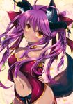  absurdres animal_ears arms_behind_back braid breasts copyright_request covered_nipples detached_sleeves fox_ears fox_tail highres horns huge_filesize ichiyou_moka medium_breasts no_panties purple_hair solo tail twin_braids yellow_eyes 