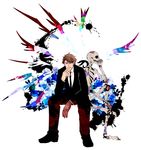  abstract bad_id bad_pixiv_id brown_hair flower formal hand_on_own_chin male_focus masaoka_tomomi mechanical_arm necktie psychedelic psycho-pass rose simple_background skeleton solo splotch suit torimura 