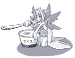  choco_la_tea copyright_request eating minigirl monochrome open_mouth simple_background solo white_background wings 