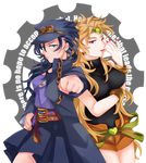  bad_id bad_pixiv_id black_hair blue_hair bracelet breasts chain dio_brando earrings gakuran genderswap green_eyes hat headband heart highres jewelry jojo_no_kimyou_na_bouken kuujou_joutarou long_coat long_hair multiple_girls omiso124 red_eyes school_uniform shorts skirt 