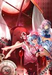  apron barefoot bat_wings blue_dress blue_hair braid chain chair crossed_arms cup curtains dress drinking_glass full_moon hair_over_one_eye hair_ribbon hat hat_ribbon izayoi_sakuya jiji_(381134808) knife looking_at_viewer maid maid_headdress moon multiple_girls night open_mouth petals pink_dress pocket_watch puffy_sleeves red_moon remilia_scarlet ribbon short_sleeves sitting sky smile spilling star_(sky) touhou twin_braids waist_apron watch window wine_glass wings wrist_cuffs 