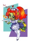  &lt;3 abstract_background anthro bellosom bellossom bittenhard black_eyes blush english_text female flower green_skin hair legwear looking_at_viewer maid maid_uniform nintendo open_mouth pok&#233;mon pok&#233;morph pok&eacute;mon ponytail red_hair simple_background solo stockings text unknown_artist video_games 