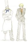  2boys amputee apron aputee blonde_hair braid chef chef_hat crossed_arms duo east_blue facial_hair formal full_body goatee hair_over_one_eye hat male male_focus mono_(caoton) multiple_boys mustache necktie one_piece peg_leg sanji sketch smoking spot_color standing suit zeff 