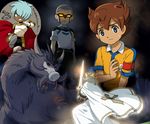  armband armor arthur_ou_(inazuma_eleven) bad_id bad_pixiv_id cape crown dragon grin inazuma_eleven_(series) inazuma_eleven_go inazuma_eleven_go_chrono_stone kurama_norihito lightning_bolt master_dragon matsukaze_tenma mizuhara_aki multiple_boys open_mouth perfect_cascade raimon raimon_soccer_uniform rei_ruku smile snake soccer_uniform sportswear sword weapon 