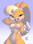  anthro areola bangs blonde_hair blue_eyes breasts buckteeth clothing female gloves gradient_background hair half-length_portrait hand_behind_head lagomorph lola_bunny looney_tunes mammal mostly_nude navel nipples open_mouth open_smile portrait rabbit simple_background smile solo teeth tied_ears warner_brothers xylas 