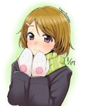  blush brown_hair coat dated green_scarf hair_ornament hairclip happy_birthday koizumi_hanayo long_sleeves love_live! love_live!_school_idol_project mittens purple_eyes scarf short_hair smile solo striped striped_scarf tokita_arumi upper_body 