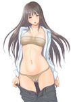  blush bra breasts brown_eyes brown_hair cameltoe cleavage cowboy_shot denim dress_shirt head_tilt jeans long_hair looking_at_viewer medium_breasts muffin_(sirumeria) navel open_clothes open_mouth original panties pants shirt simple_background solo underwear undressing 