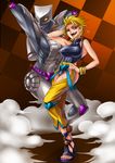  blonde_hair bracelet breasts cleavage dio_brando earrings genderswap genderswap_(mtf) grin heart high_heels highres jewelry jojo_no_kimyou_na_bouken knee_pads large_breasts multiple_girls red_eyes ryuusei_(mark_ii) sandals shoes short_hair smile stand_(jojo) stardust_crusaders the_world toenail_polish tongue yellow_eyes 