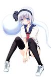  alternate_costume ascot black_legwear blue_eyes blush buruma contemporary flying_sweatdrops konpaku_youmu konpaku_youmu_(ghost) school_uniform serafuku shoes short_hair silver_hair sneakers solo thighhighs touhou windfeathers 