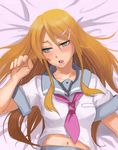  blue_eyes blush breasts commentary hair_ornament hairclip kousaka_kirino long_hair looking_away lying medium_breasts midriff navel on_back open_mouth ore_no_imouto_ga_konna_ni_kawaii_wake_ga_nai pepe_(jonasan) school_uniform serafuku solo 