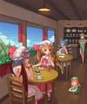  animal_ears ankle_socks backless_outfit bandana bat_wings blonde_hair blue_dress blue_hair blue_sky book bow braid breasts cake ceiling chair china_dress chinese_clothes cirno closed_eyes cloud counter cup day dress drink fence flandre_scarlet flower food funny_glasses glass glasses hair_bow hand_on_own_chin hands_together hat hat_ribbon head_rest hong_meiling lamp landscape lavender_hair light long_hair mary_janes medium_breasts minigirl mio-muo1206 mob_cap mountain mouse_ears multiple_girls no_socks paper pen pink_dress red_dress red_eyes red_hair remilia_scarlet restaurant ribbon saucer shelf shoes short_hair short_sleeves side_ponytail sitting sky sleeveless spoon star table teacup teapot touhou twin_braids wings wooden_floor 