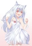  albino animal_ears bare_shoulders blue_hair blush dress fang fox_ears fox_tail long_hair open_mouth original ray-akila red_eyes smile solo tail 