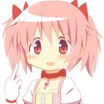  :d bow choker gloves hair_ribbon hidamari_sketch kaname_madoka magical_girl mahou_shoujo_madoka_magica middle_finger open_mouth parody pink_eyes pink_hair ribbon short_hair short_twintails simple_background smile solo soul_gem temo twintails v-shaped_eyebrows white_gloves 