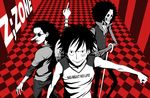  3boys afro alternate_costume bracelet brook cane checked_floor checkered checkered_floor color_background cravat floor hat hat_removed headwear_removed jewelry looking_at_viewer male male_focus monkey_d_luffy monochrome multiple_boys one_piece red red_background ring scar skeleton spot_color stampede_string straw_hat striped sunglasses usopp 