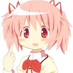  :d bow hair_ribbon hidamari_sketch kaname_madoka mahou_shoujo_madoka_magica middle_finger open_mouth parody pink_eyes pink_hair ribbon school_uniform short_hair short_twintails simple_background smile solo temo twintails v-shaped_eyebrows 