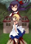  blonde_hair blood bow dress ellen_(majo_no_ie) forest grass green_eyes house like_nebel majo_no_ie multiple_girls nature path purple_hair ribbon road smile viola_(majo_no_ie) yellow_eyes 