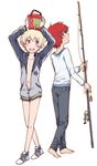  androgynous bad_id bad_pixiv_id barefoot blonde_hair blue_eyes blush bottomless bucket fishing_rod full_body haru_(tsuritama) hood hoodie jacket male_focus multiple_boys naked_hoodie naruko_(nalcoro) navel no_socks open_mouth otoko_no_ko purple_eyes red_hair sanada_yuki shoes smile sneakers tsuritama 