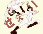  2boys black_shoes boots cabbie_hat earflap_hat fighting_stance hat hat_pompom heart_pirates jumping jumpsuit male male_focus multiple_boys one_piece penguin_(one_piece) pirate shachi_(one_piece) shoes sunglasses takuhe_0410 tattoo 