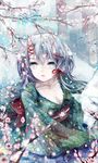  bad_id bad_pixiv_id blue_eyes breasts cherry_blossoms cleavage horn japanese_clothes kimono medium_breasts nevakuma_(fanfanas) obi original sash snow snowing solo wolf 