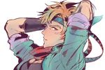  bad_id bad_pixiv_id blonde_hair caesar_anthonio_zeppeli facial_mark feathers hair_feathers headband jacket jojo_no_kimyou_na_bouken male_focus purple_eyes solo tosaka-maru 