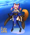  animal_ears bare_shoulders blue_legwear bow breasts cleavage clog_sandals detached_sleeves fate/extra fate_(series) fox_ears fox_tail hair_bow hair_ribbon japanese_clothes medium_breasts obi ofuda pink_hair ribbon sash smile solo tail tamamo_(fate)_(all) tamamo_no_mae_(fate) thighhighs togezou twintails yellow_eyes 