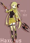  axe bad_id bad_pixiv_id bandages boots bow chain character_name cropped_jacket gen_5_pokemon green_hair hair_bow hair_ribbon haxorus long_hair merlusa personification pokemon red_eyes ribbon skirt solo thighhighs weapon zettai_ryouiki 