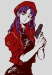  beret celandine earrings gun handgun hat jacket jewelry katsuragi_misato neon_genesis_evangelion purple_hair sleeves_rolled_up solo weapon 