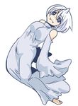  :3 bare_shoulders barefoot blue_eyes blush breasts detached_sleeves dewgong dress fangs gen_1_pokemon horn medium_breasts personification pokemon seki_(red_shine) short_hair solo white_dress white_hair 