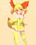  animal_ears bare_shoulders blonde_hair bustier choker elbow_gloves fennekin fingerless_gloves gen_6_pokemon gloves highres orange_eyes personification pokemon short_hair slit_pupils smile solo tail takeshima_(nia) thighhighs yellow_legwear 