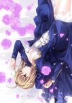  ahoge artoria_pendragon_(all) blonde_hair breasts dress fate/stay_night fate_(series) flower green_eyes loose_clothes medium_breasts oluha rose saber short_hair solo upside-down 