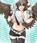  adapted_costume belt black_hair black_legwear black_wings blush bouncing_breasts breasts camera checkered fingerless_gloves gloves groin hat highres ku-ba large_breasts looking_at_viewer midriff navel necktie open_mouth pointy_ears red_eyes shameimaru_aya short_hair shorts smile solo thigh_gap thighhighs tokin_hat touhou wings yagasuri 