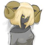  bare_shoulders black_sheep black_skin blonde_hair bob_cut breasts horns kumo_(kumo8159) large_breasts monster_girl off-shoulder_sweater original personification pointy_ears sheep_girl shirt solo sweater taut_clothes taut_shirt yellow_eyes 