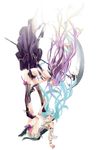  bad_id bad_pixiv_id blue_hair boots bracelet detached_sleeves falling floating_hair hatsune_miku highres jewelry long_hair megurine_luka multiple_girls nyundai_(ibr) pink_hair scythe thigh_boots thighhighs vocaloid white_background 