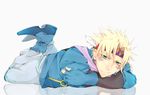  blonde_hair blue_jacket boots caesar_anthonio_zeppeli facial_mark fingerless_gloves gloves green_eyes haine_(howling) headband jacket jojo_no_kimyou_na_bouken looking_at_viewer male_focus scarf solo 