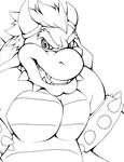  bowser hair hi_res horn koopa line_art looking_at_viewer male mario_bros monochrome muscles nintendo nude open_mouth pecs plain_background scalie smile teeth video_games white_background 