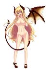  1girl blonde_hair breasts demon_girl enoko_(zqfebi) fangs ga_no_kitsune highres horns large_breasts long_hair long_tongue monster_girl nipples nude pubic_hair pussy simple_background single_wing succubus tail tongue uncensored white_background wings 