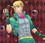  argyle argyle_background blonde_hair bubble caesar_anthonio_zeppeli dated facial_mark feathers fingerless_gloves foxvulpine gloves green_eyes green_jacket hair_feathers headband jacket jojo_no_kimyou_na_bouken male_focus muscle signature solo 