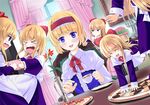  a_(aaaaaaaaaaw) alice_margatroid blonde_hair blue_eyes bow candle capelet chair cookie cup curtains dish dress food hair_bow hairband long_hair open_mouth shanghai_doll short_hair smile table teacup touhou window 