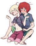  1girl :d ^_^ bad_id bad_pixiv_id blonde_hair blue_eyes blush boxers breasts closed_eyes genderswap genderswap_(mtf) haru_(tsuritama) medium_breasts naruko_(nalcoro) navel open_mouth red_hair sanada_yuki shirt_lift smile sweat tank_top tsuritama underwear wavy_mouth 