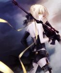  alternate_costume anti-materiel_rifle artoria_pendragon_(all) bare_shoulders blonde_hair braid choker corset dagger fate/stay_night fate_(series) fingerless_gloves french_braid from_behind gloves gun hair_bun hair_ribbon holster looking_back mismatched_gloves over_shoulder pale_skin pouch ribbon ribbon_choker rifle rynn_(seibu) saber_alter scope short_shorts shorts sniper_rifle solo thigh_holster weapon weapon_over_shoulder what_if yellow_eyes 