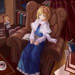  alice_margatroid armchair blonde_hair blue_eyes book bow capelet chair cup dress hairband highres inkwell jewelry looking_at_viewer quill ribbon ring scarf shanghai_doll short_hair sitting smile solo teacup touhou yingji_(zszero) 