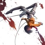  acrobatics bad_id bad_pixiv_id black_eyes black_hair boots butcher_shop emblem mikasa_ackerman paradis_military_uniform shingeki_no_kyojin short_hair solo sword three-dimensional_maneuver_gear weapon 