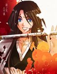  black_hair bleach blood blue_eyes grin hair_down puchi_(code-k) scar smile solo spoilers sword unohana_retsu weapon 