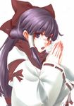  bow hair_bow hair_tubes hakurei_reimu hakurei_reimu_(pc-98) hands_together kuronuko_neero long_hair open_mouth own_hands_together purple_eyes purple_hair scarf solo touhou touhou_(pc-98) upper_body 