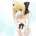  ahoge artoria_pendragon_(all) bow breasts cleavage fate/stay_night fate/unlimited_codes fate_(series) food green_eyes hair_bow long_hair lowres mouth_hold ponytail popsicle rynn_(seibu) saber saber_lily small_breasts solo tank_top 